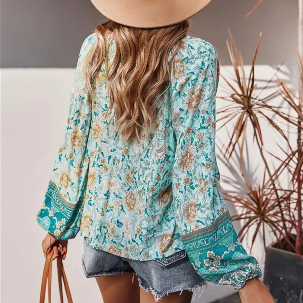Bohemian Gypsy Mint Floral Print Blouse Top - Picture 9 of 10